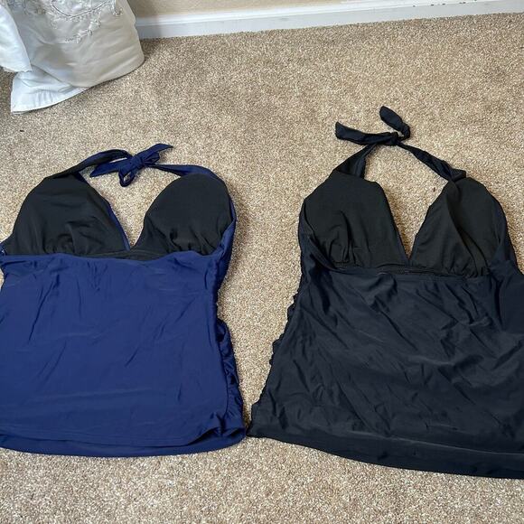 Set of 2 Tankini swimsuit tops ruched sides slimming halter neck Navy blue/black - Picture 2 of 6